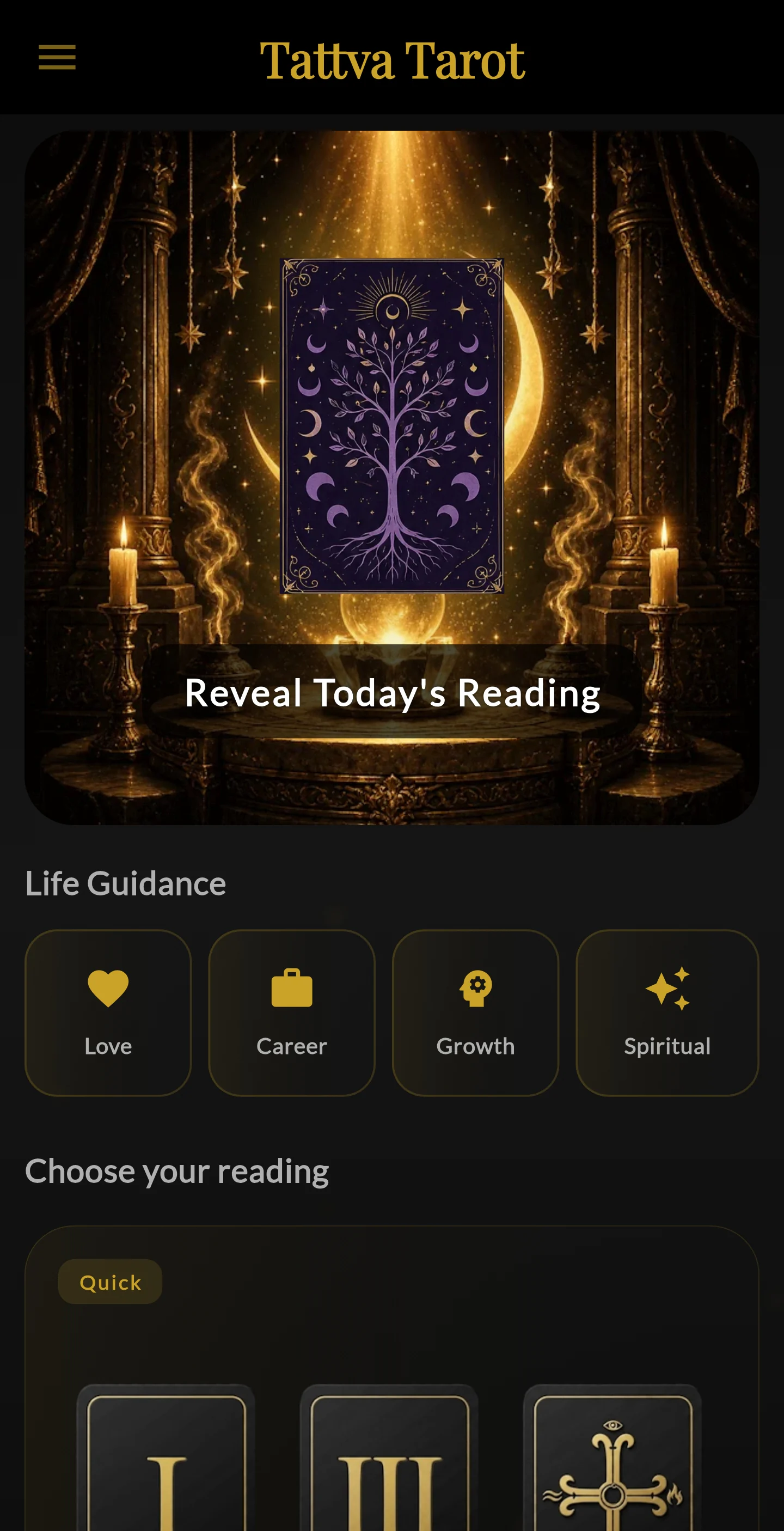 Tattva Tarot home screen with daily guidance and reading choices